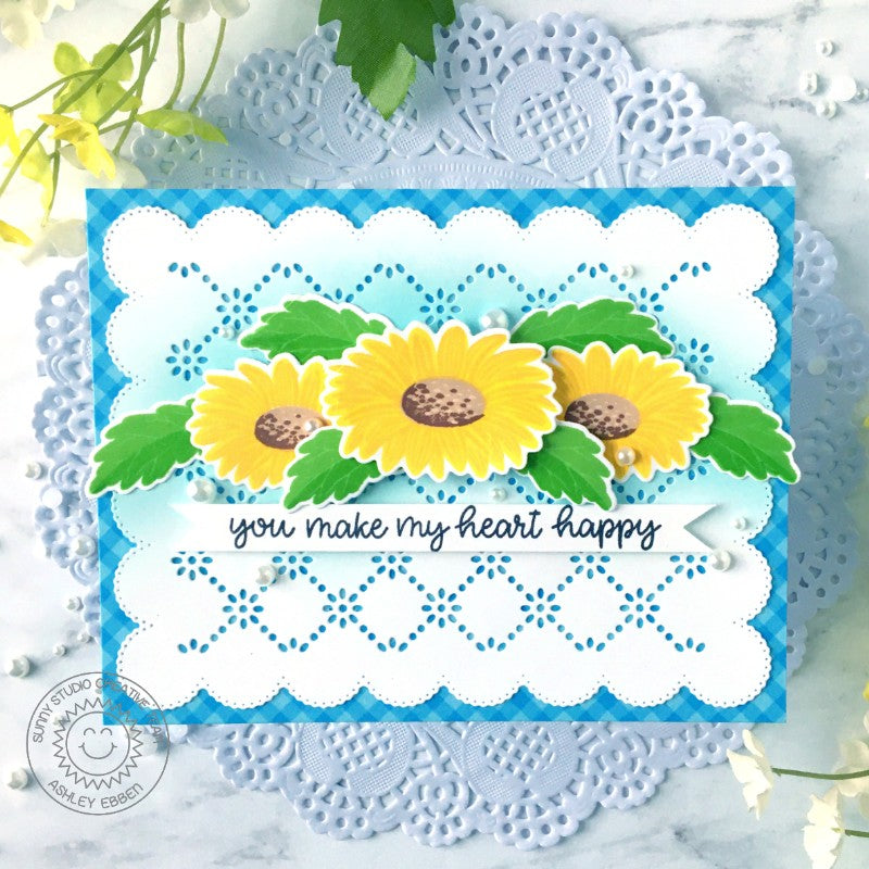 Sunny Studio Stamps Cheerful Daisies You Make My Heart Happy Handmade Card using Frilly Frames Eyelet Lace Metal Cutting Dies