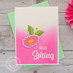 Sunny Studio Pink & Green Hello Spring Layered Daisy Flower Card using Cheerful Daisies 4x6 Photopolymer Clear Layering Stamps