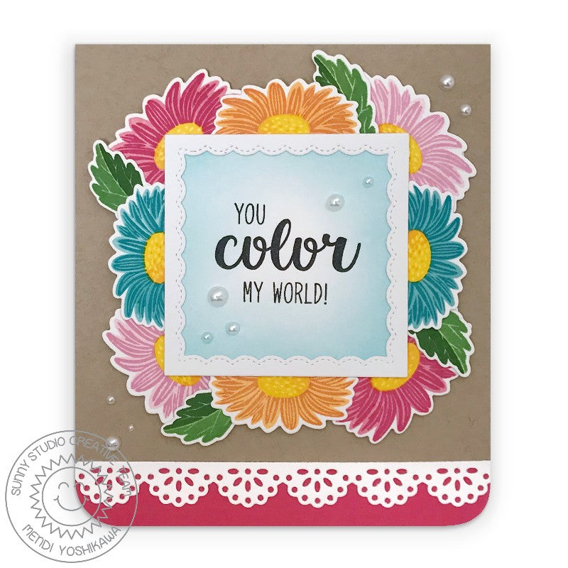 Sunny Studio Stamps You Color My World Colorful Daisies Handmade Card with Scalloped edge using Eyelet Lace Daisy Border Dies