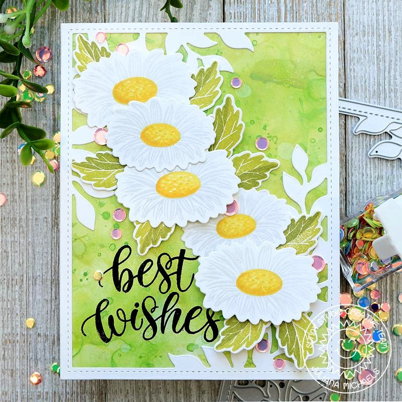 Sunny Studio Cheerful Daisies Daisy Best Wishes Handmade Card by Juliana Michaels (using Layering Layered stamps)