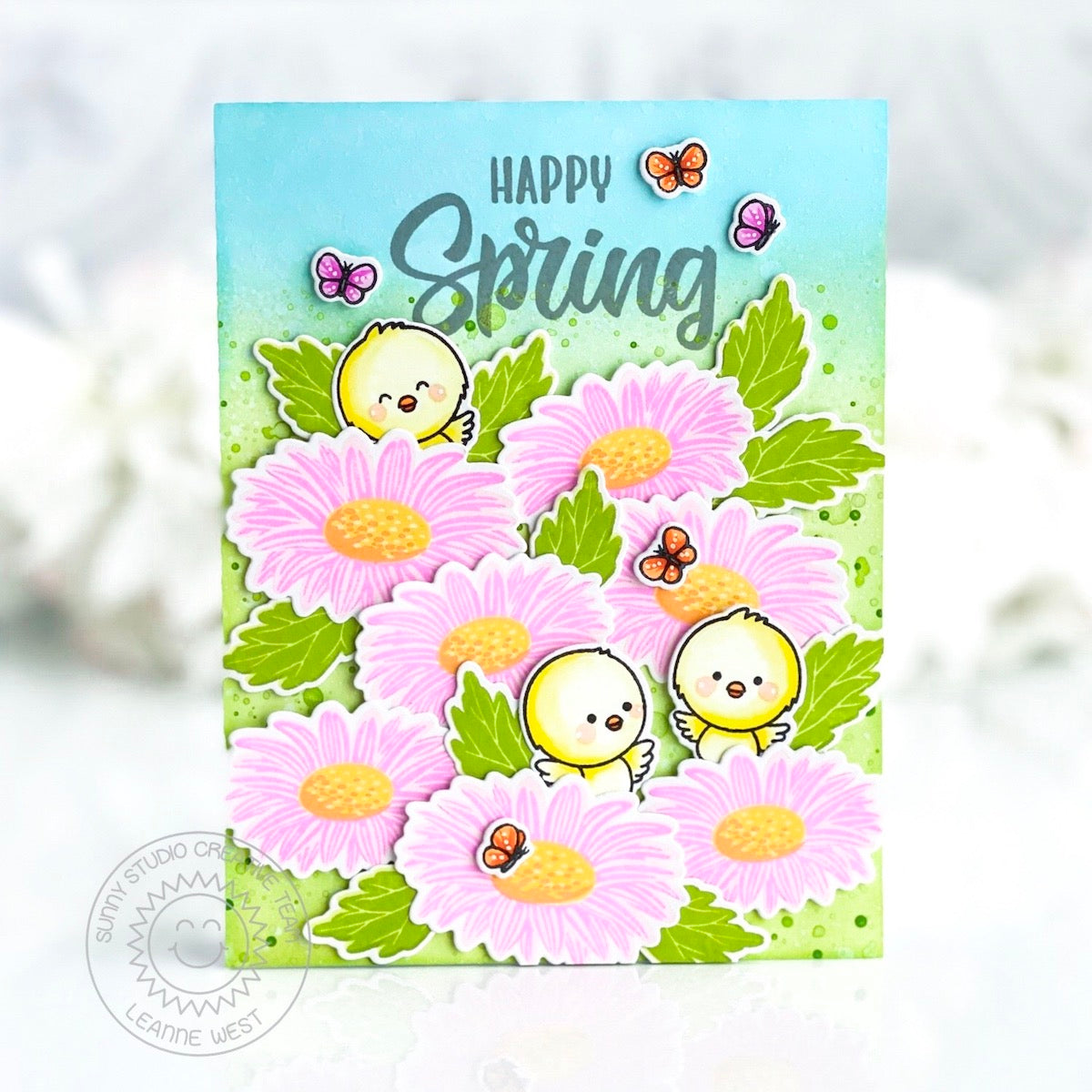 Sunny Studio Layered Gerbera Daisy with Easter Chicks Happy Spring Handmade Spring Card using Cheerful Daisies Clear Stamps