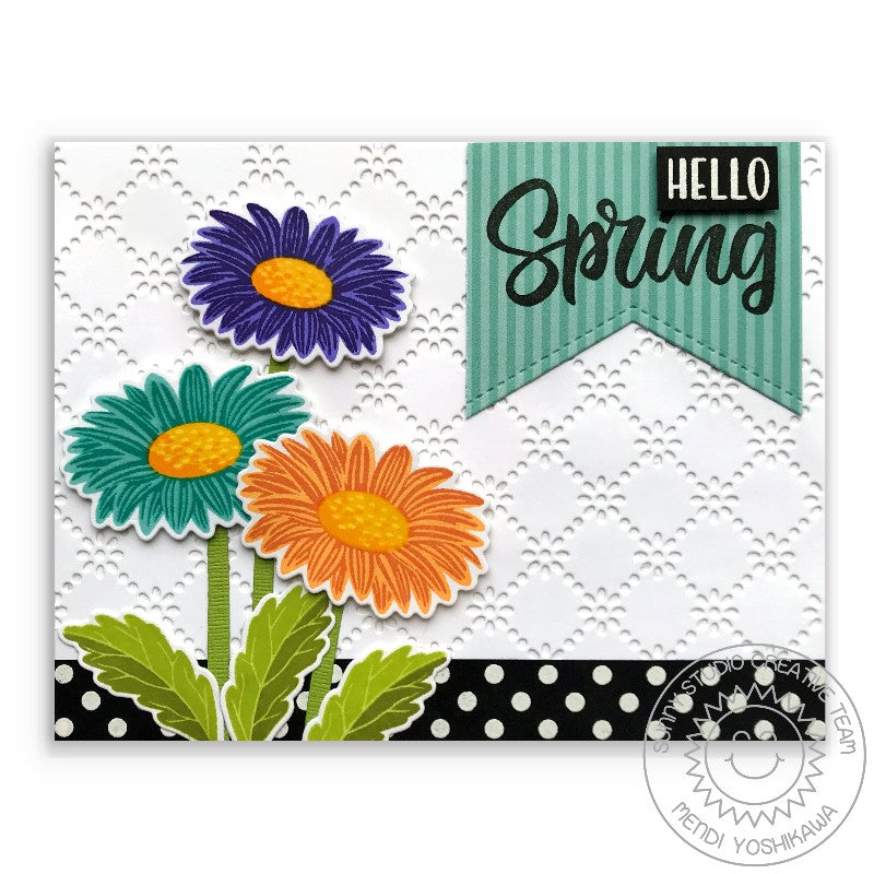 Sunny Studio Stamps Cheerful Daisies Gerber Daisy Hello Spring Card using Frilly Frames Eyelet Lace Background Cutting Dies