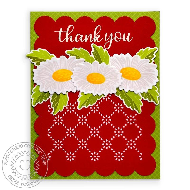 Sunny Studio Cheerful Daisies Red, White & Green Layered Daisy Handmade Thank You Card using Everyday Greetings Clear Stamps