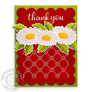 Sunny Studio Stamps Cheerful Daisies Red Daisy Thank You Card using Frilly Frames Eyelet Lace Scallop Background Cutting Dies