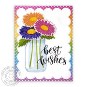 Sunny Studio Stamps Rainbow Ombre Gerber Daisies Scalloped Best Wishes Wedding Card using Frilly Frames Eyelet Lace Dies