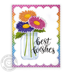 Sunny Studio Stamps Cheerful Daisies Layered Rainbow Daisy in Jar Vase "Best Wishes" Wedding Card by Mendi Yoshikawa