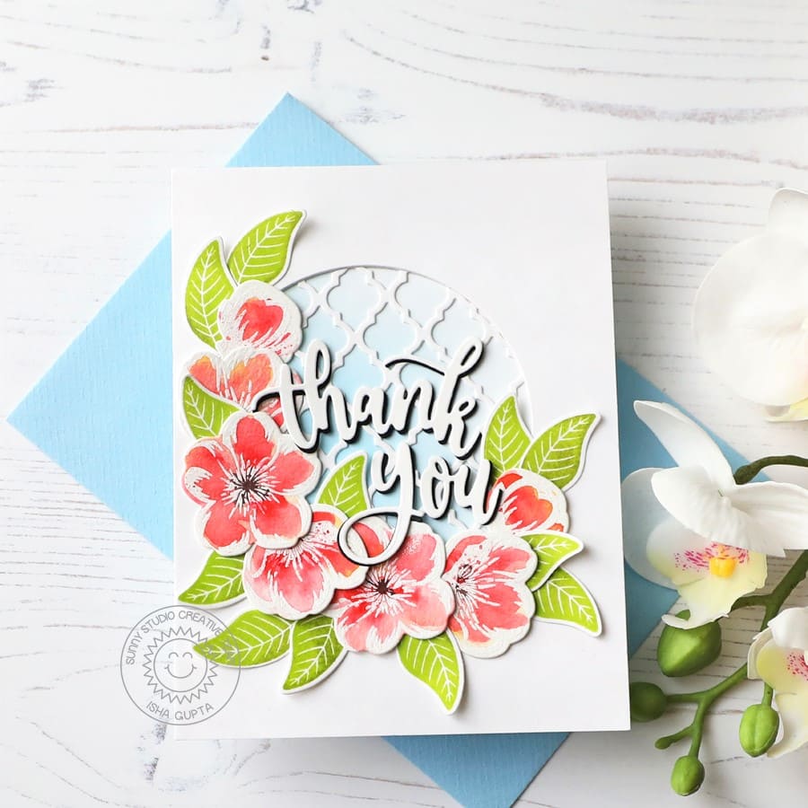 Sunny Studio Watercolor Floral Flowers Spring Thank You Card (using Cherry Blossoms 4x6 Clear Layering Stamps)