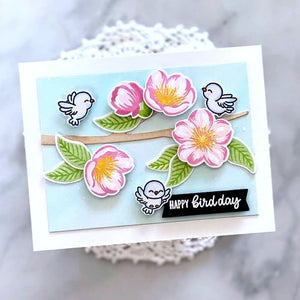 Sunny Studio Cherry Blossoms with Tree Branch & Birds Punny Birthday Card (using Little Birdie 4x6 Clear Stamps)