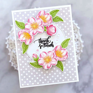 Sunny Studio Japanese Sakura Flowers Grey Polka-dot Spring Thank You Card (using Cherry Blossoms 4x6 Clear Layering Stamps)