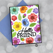 Sunny Studio Hello Friend Rainbow Flowers Floral Card by Jennifer McGuire Ink (using Cherry Blossoms 4x6 Clear Stamps)