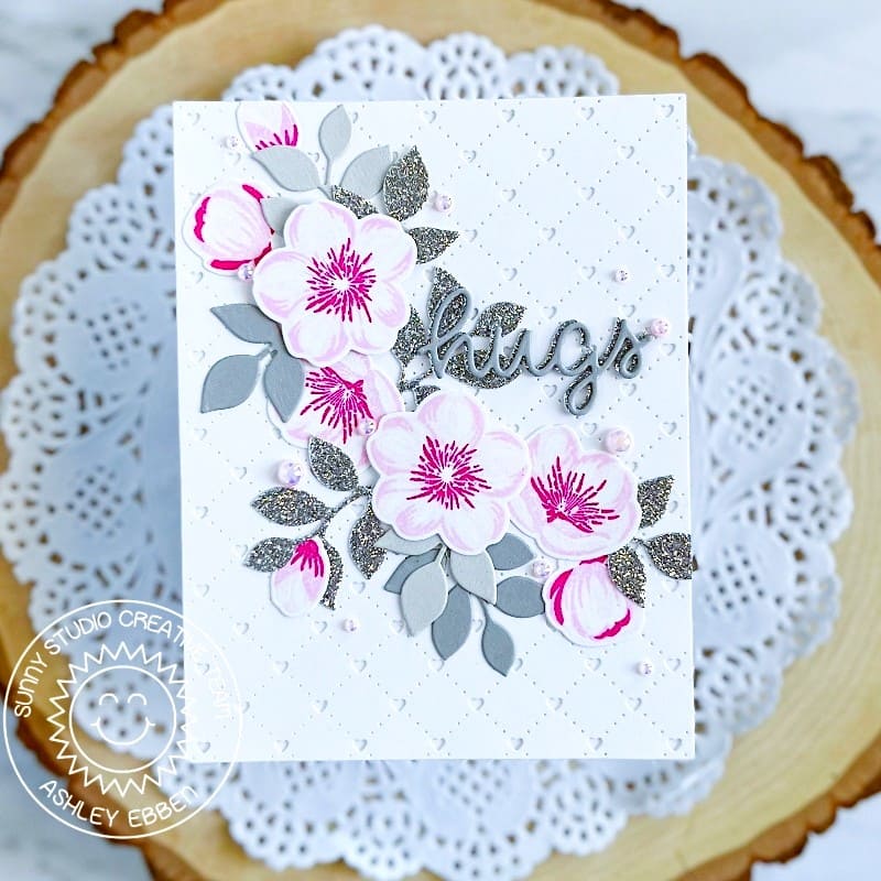 Sunny Studio Grey, Silver & Hot Pink Floral Flowers with Leaves Hugs Card (using Cherry Blossom Clear Layering Stamps)