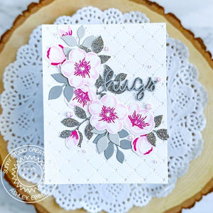 Sunny Studio Stamps Silver & Hot Pink Cherry Blossoms Flowers with Leaves Card using Quilted Hearts Portrait Background Die