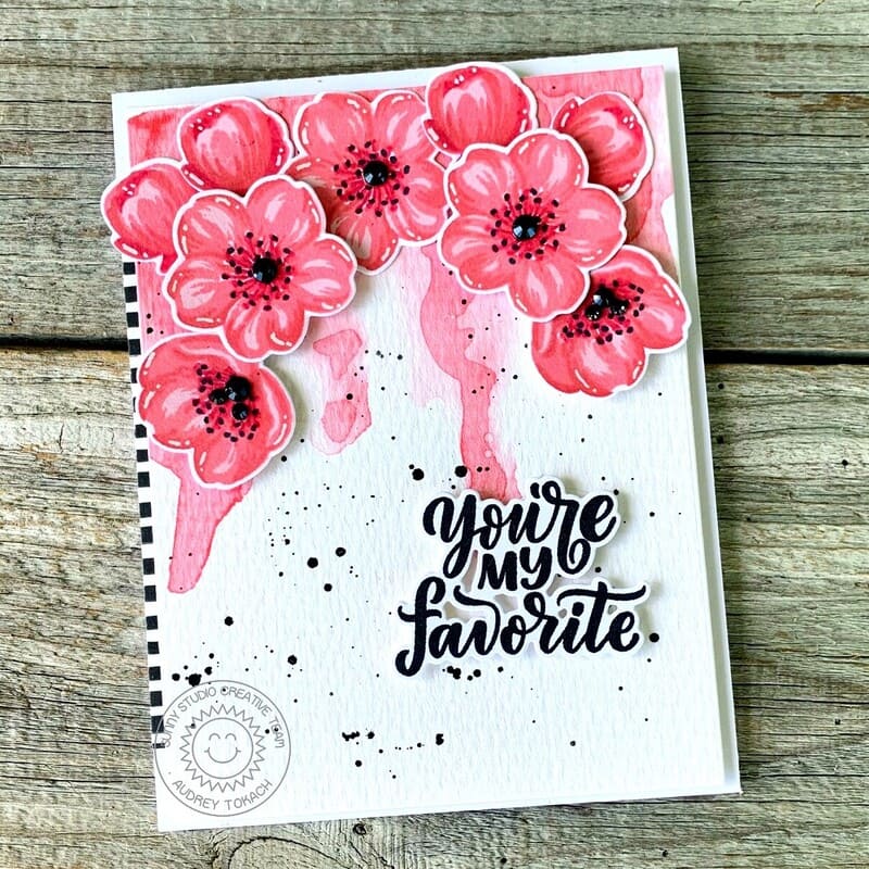 Sunny Studio You're My Favorite Hot Pink Floral Flowers Watercolor Card (using Cherry Blossoms 4x6 Layering Clear Stamps)