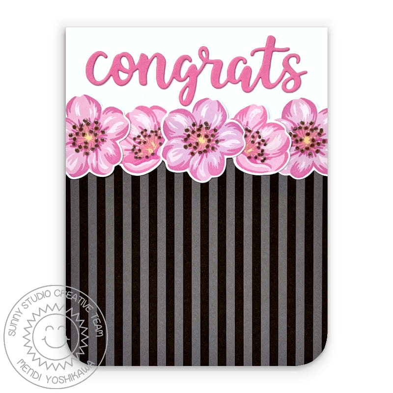 Sunny Studio Congrats Pink Floral Black Striped Wedding Card (using Cherry Blossoms 4x6 Clear Photopolymer Stamps)