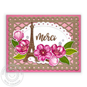Sunny Studio Eiffel Tower with Layered Sakura Flower Scalloped Merci Thank You Card (using Cherry Blossoms 4x6 Clear Stamps)