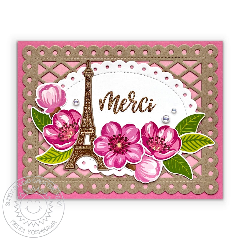 Sunny Studio Stamps Merci Cherry Blossom Paris Eiffel Tower Spring French Card using Scalloped Oval Mat 2 Metal Cutting Dies