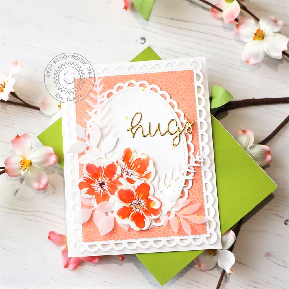 Sunny Studio Stamps Peach & Orange Floral Flowers Scalloped Hugs Card (using Spring Greenery Metal Cutting Dies)