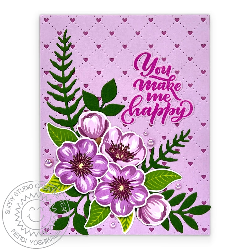 Sunny Studio You Make Me Happy Lilac Floral Flowers Card (using Lovey Dovey 4x6 Clear Sentiment Greetings Stamps)