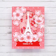 Sunny Studio Paris is Springtime Eiffel Tower Thinking of You Spring Card (using Cherry Blossoms 4x6 Clear Layering Stamps)