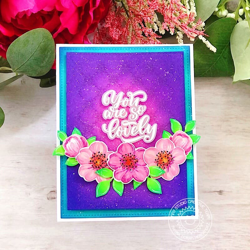 Sunny Studio You Are So Lovely Hot Pink, Purple & Turquoise Floral Flowers Card (using Cherry Blossoms Clear Layering Stamps)