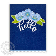 Sunny Studio Stamps Navy Blue Floral Flowers & Die-cut Leaves Background Hello Card using Spring Greenery Metal Cutting Dies