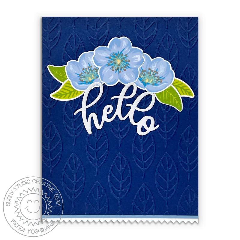 Sunny Studio Navy & Pale Blue Floral Flowers with Leaves Background Hello Card (using Cherry Blossoms 4x6 Clear Layering Stamps)