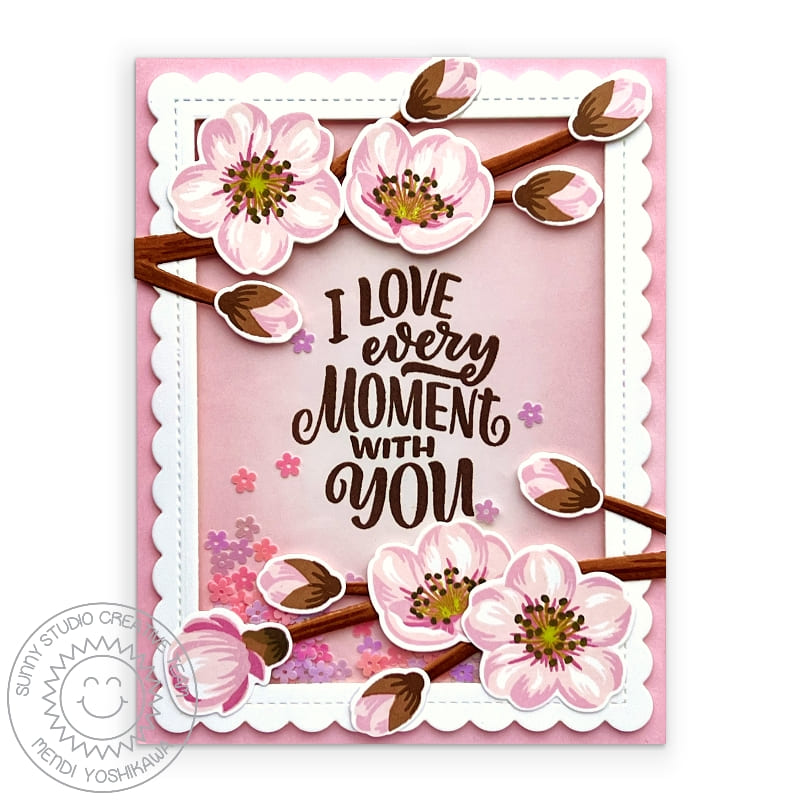 Sunny Studio Stamps: Layered Pink Cherry Blossoms Scalloped Shaker Card (using Out On A Limb Tree Branch Metal Cutting Dies)