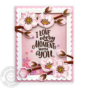 Sunny Studio "I Love Every Moment With You" Cherry Blossoms Scalloped Shaker Card (using Lovey Dovey 4x6 Clear Sentiment Stamps)