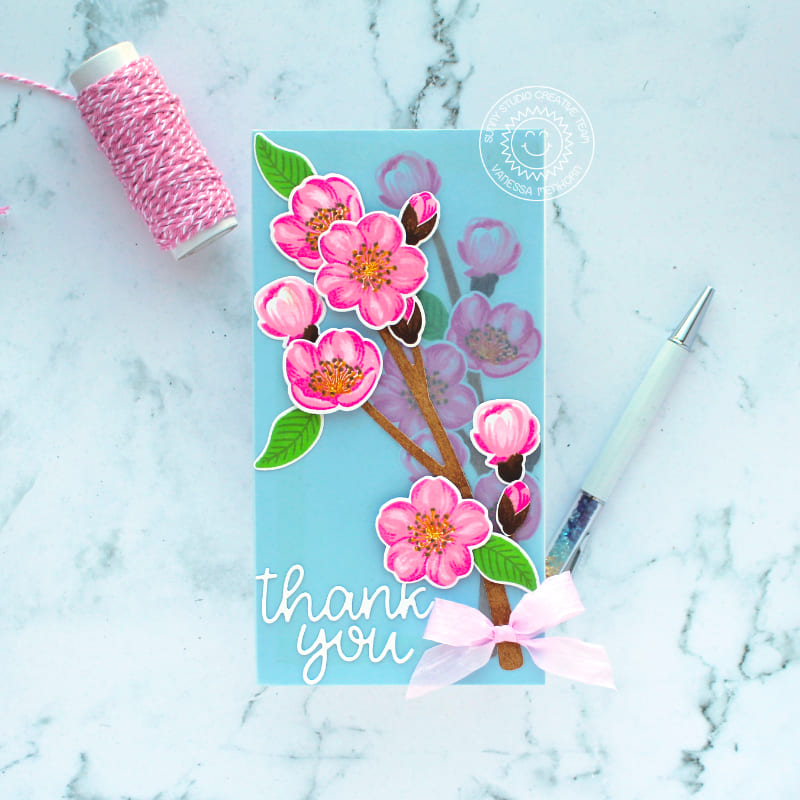 Sunny Studio Blooming Tree Branch with Blue Vellum Mini Slimline Thank You Card (using Cherry Blossoms Clear Layering Stamps)