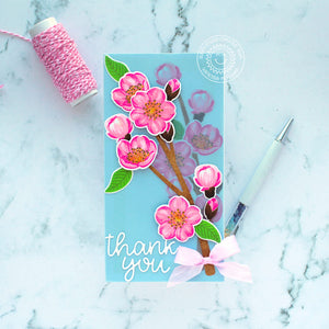 Sunny Studio Stamps Cherry Blossoms with Tree Branch Slimline Thank You Card (using Out on a Limb Metal Cutting Dies)