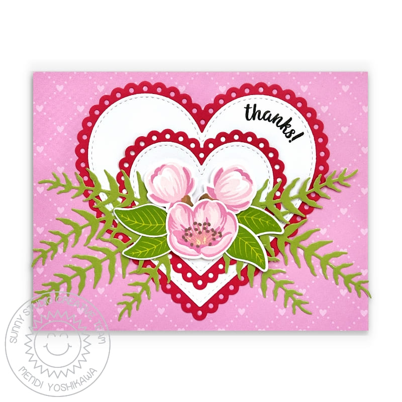 Sunny Studio Stamps Pink Cherry Blossoms with Red Scalloped Heart Thank You Card (using Spring Greenery Metal Cutting Dies)