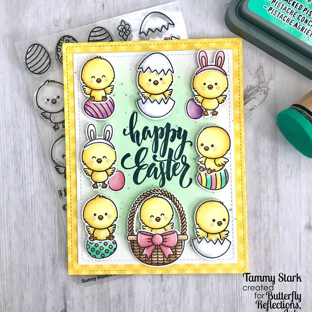 Sunny Studio Happy Easter Yellow Gingham Chick Grid Style Handmade Card using Chickie Baby Clear Photopolymer Clear Stamps