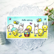 Sunny Studio Hello Spring Easter Bunny, Chick, Bumblebee & Butterfly Handmade Card using Chickie Baby 4x6 Clear Stamps