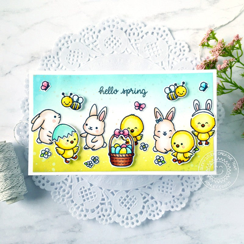 Sunny Studio Stamps Honey Bee, Bunny & Chick  Handmade Spring Card by Ashley Ebben (using Just Bee-Cause 2x3 Mini Photopolymer Clear Stamps)