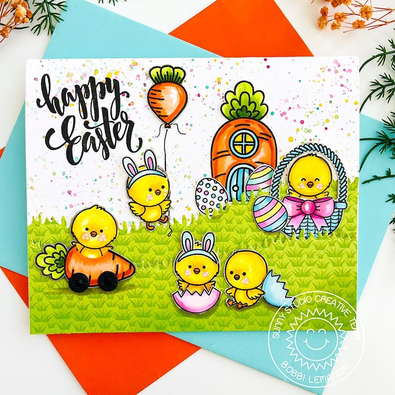 Sunny Studio Chicks with Easter Basket, Carrot House, Car & Balloon Spring Card (using Chickie Baby 4x6 Clear Stamps)