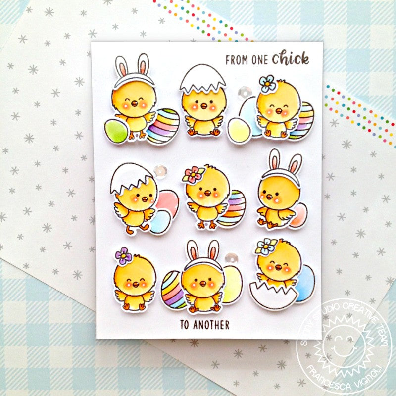 Sunny Studio From One Chick To Another Grid Style Handmade Friendship Easter Card using Chickie Baby 4x6 Clear Stamps