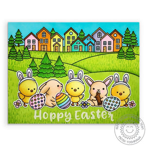 Sunny Studio Hoppy Easter Punny Chicks with Eggs Spring Card (using Scenic Route Clear House & Hills Border Stamps)