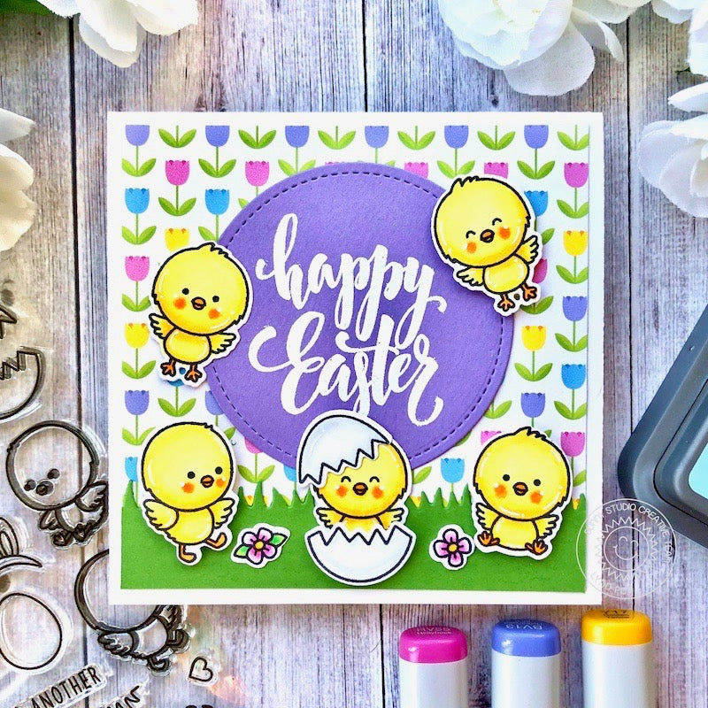 Sunny Studio Easter Chicks with Cracked Egg & Tulips Handmade Card using Chickie Baby 4x6 Clear Photopolymer Stamps