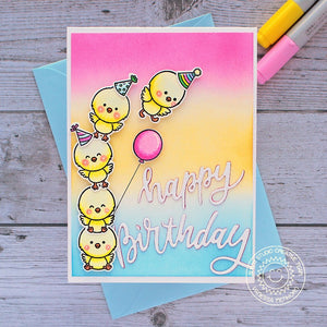 Sunny Studio Happy Birthday Pink, Yellow & Blue Stacked Chicks with Balloon Handmade Card using Chickie Baby 4x6 Clear Stamp