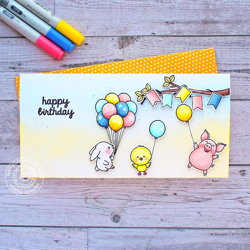 Sunny Studio Bunny, Chick & Pig Birthday Party with Balloons Handmade Card (using Banner Basics 4x6 Clear Stamps)