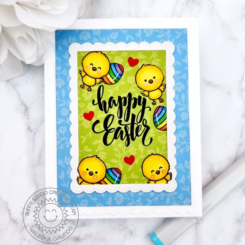 Sunny Studio Peeking Chicks with Rainbow Easter Eggs Scalloped Floral Card (using Chickie Baby 4x6 Clear Stamps)