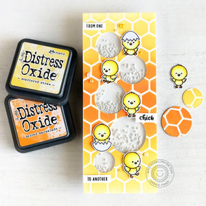 Sunny Studio Stamps Easter Chicks Yellow and Orange Handmade Card by Candice Fisher (using Frilly Frames Hexagon Background Backdrop Coverplate Cutting Dies as a mask)