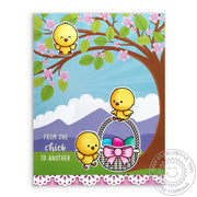Sunny Studio Stamps Chickie Baby From One Chick To Another Easter Card with Cherry Blossom Tree using Eyelet Lace Border Die