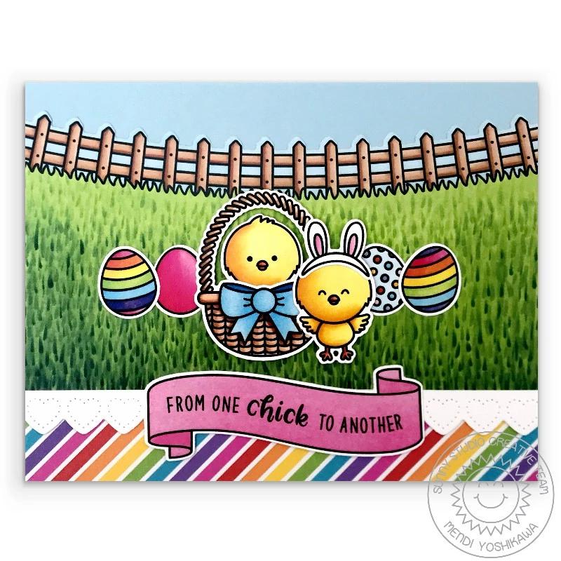 Sunny Studio From One Chick To Another Handmade Rainbow Easter Card with Grass and Curved Fence (using Spring Scenes 4x6 Border Clear Stamps)