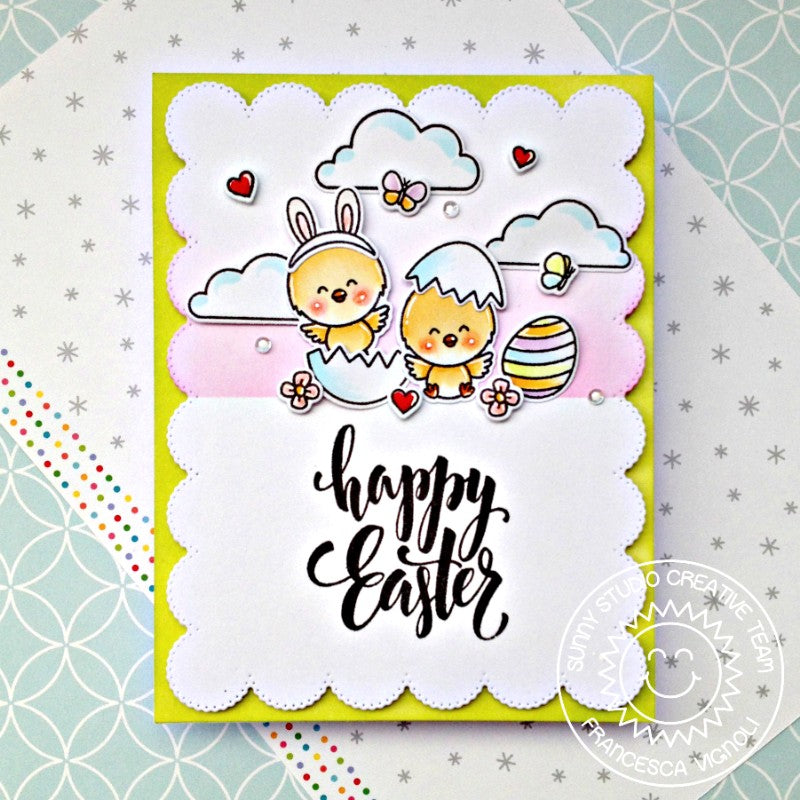 Sunny Studio Stamps Happy Easter Chick Card using Frilly Frames Eyelet Lace Background Backdrop Cover Plate Cutting Die