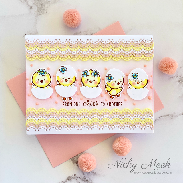 Sunny Studio Stamps Scalloped Easter Chick in Cracked Eggs Handmade Card (using Eyelet Lace Border Cutting Dies)