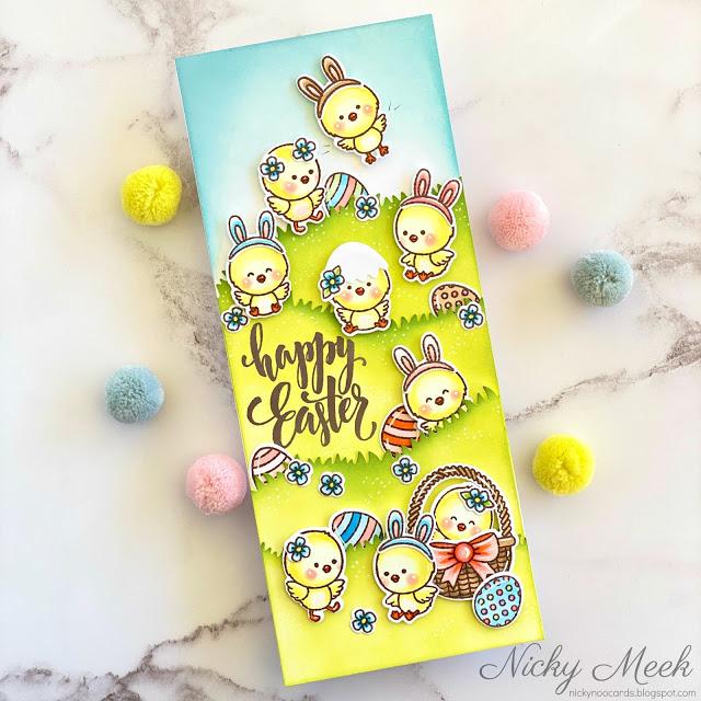 Sunny Studio Stamps Happy Easter Slimline Chick Handmade Spring Card (using Chickie Baby 4x6 Clear Stamps)