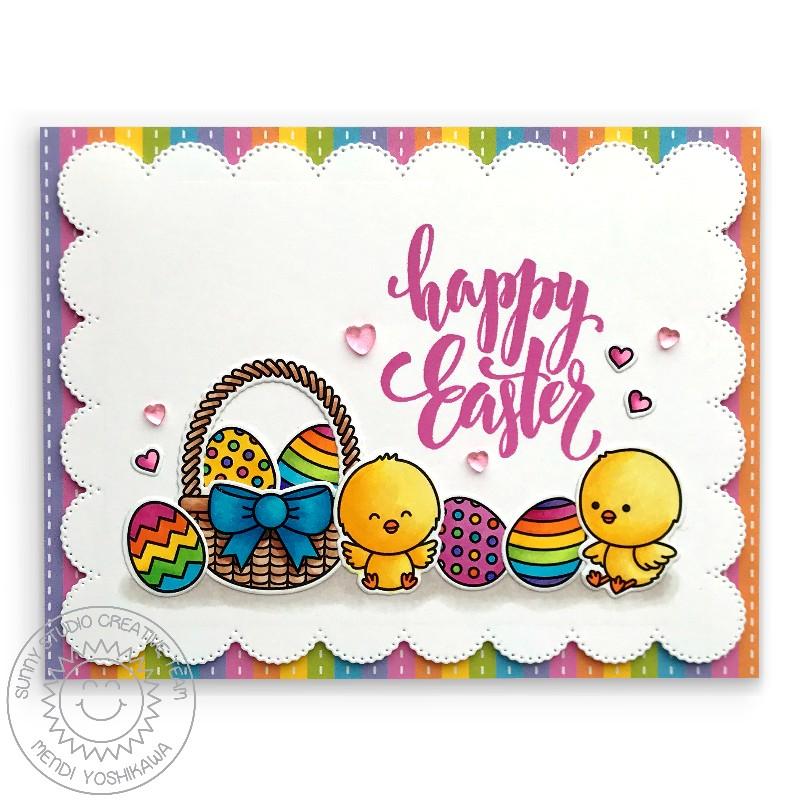 Sunny Studio Stamps Chickie Baby Happy Easter Basket with Chicks & Rainbow Eggs Handmade Card