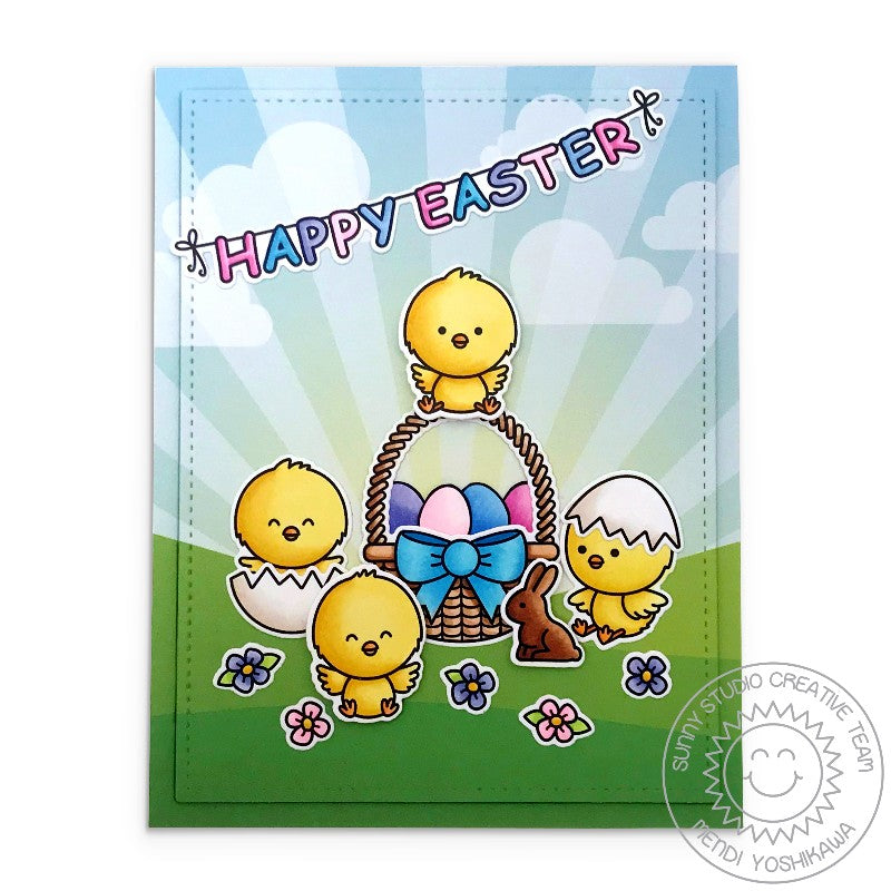 Sunny Studio Stamps Chicks with Eggs, Basket and Banner Handmade Easter Card (using Chickie Baby Stamp Set)