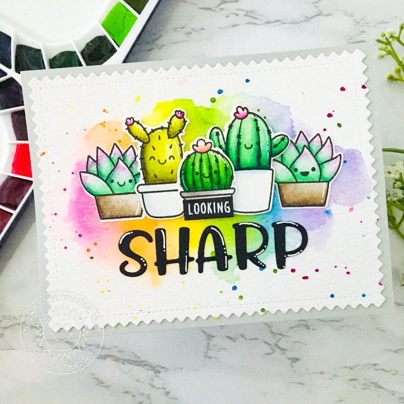 Sunny Studio Cactus Plants Card with Rainbow Watercolor Background (using Looking Sharp 3x4 Clear Stamps)